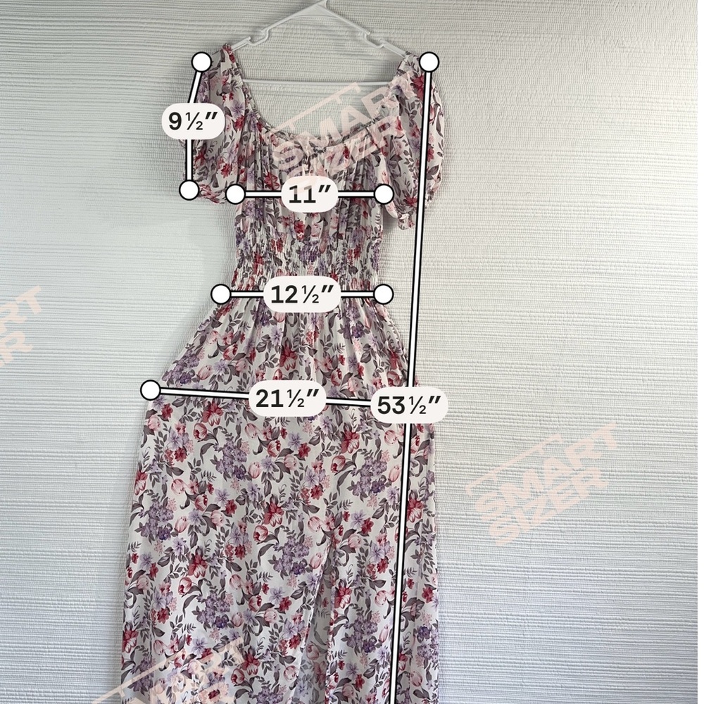 Floral Smocked Waist Maxi Dress in White with Red & Purple Flowers Prairie - Picture 15 of 15